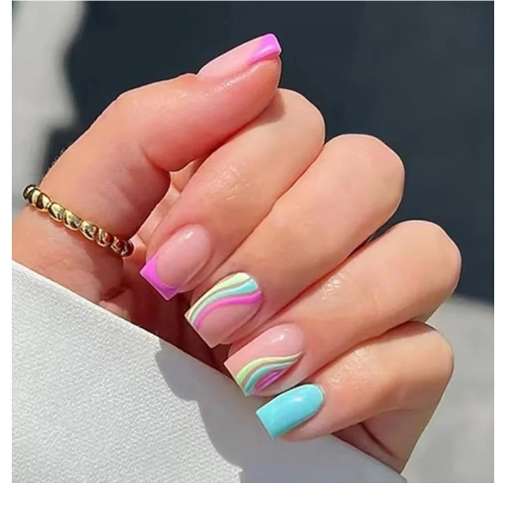 6 Packs (144 Pcs) Press on Nails Medium Square Acrylic Shiny Glitter False Nails